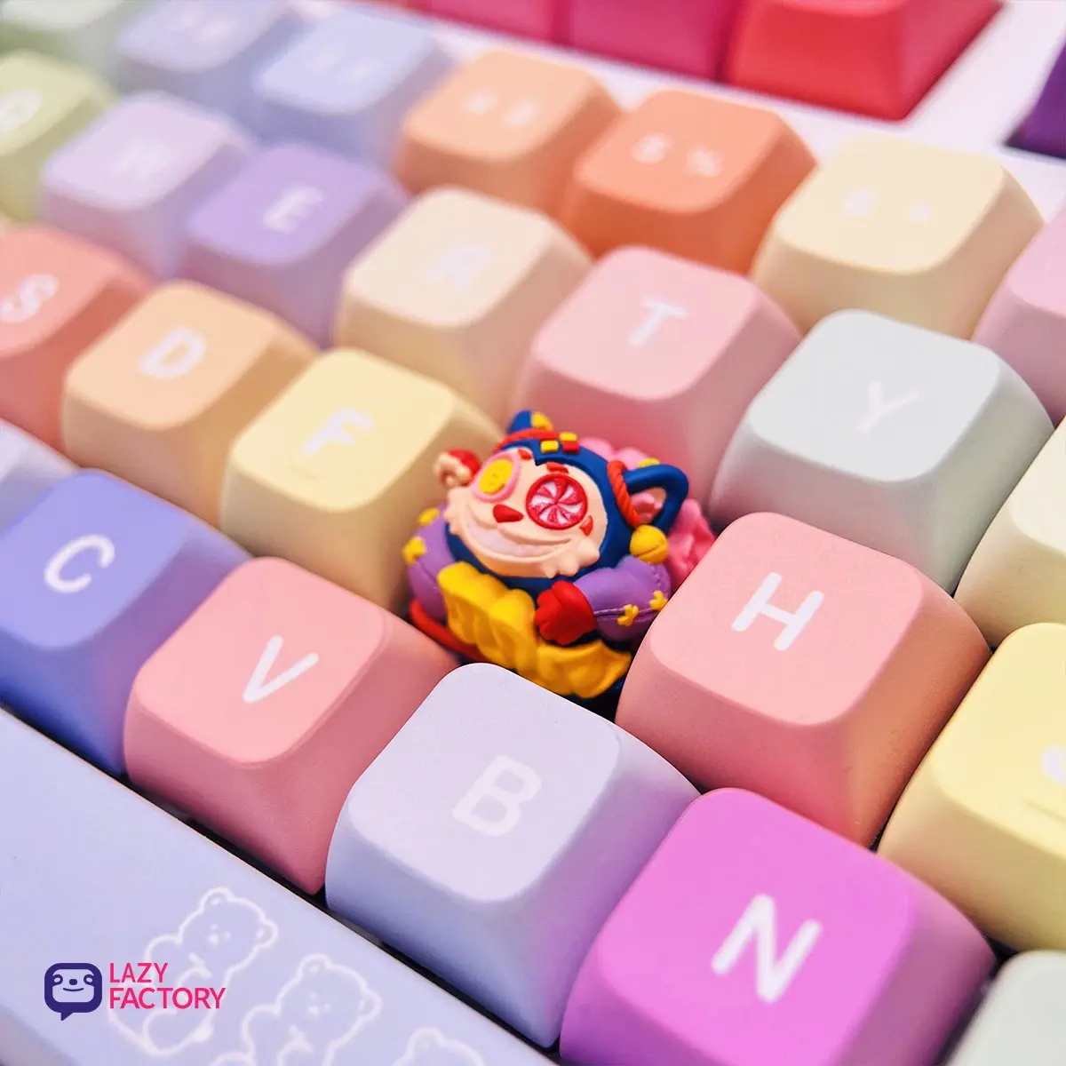 Lolipop Meowhe artisan keycap on a pastel mechanical keyboard